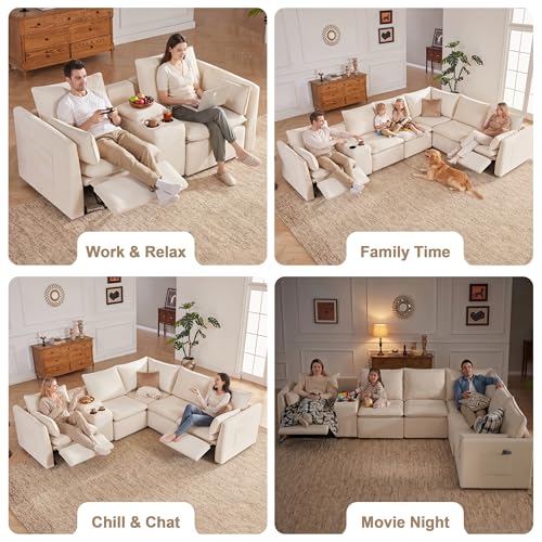 Image of 5-Seater Power Reclining Sectional Sofa Set with Storage Console, Wall-Hugger Recliner Sectional Couch with Cup Holders, Reclining Sectional Couch for Living Room (Chenille, Beige)