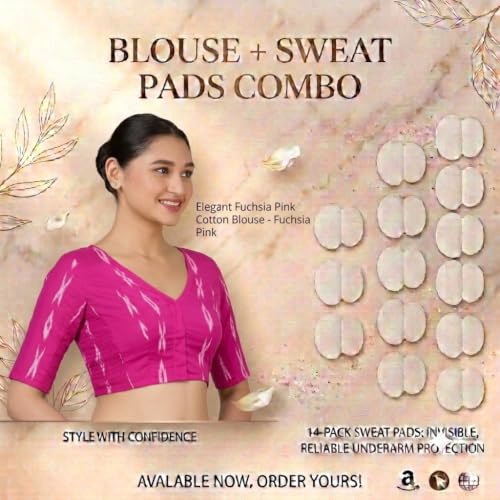 Image of Studio Shringaar Women Cotton Ikat Stretchable (Smocked) Readymade Elbow Length Sleeve Saree Blouse