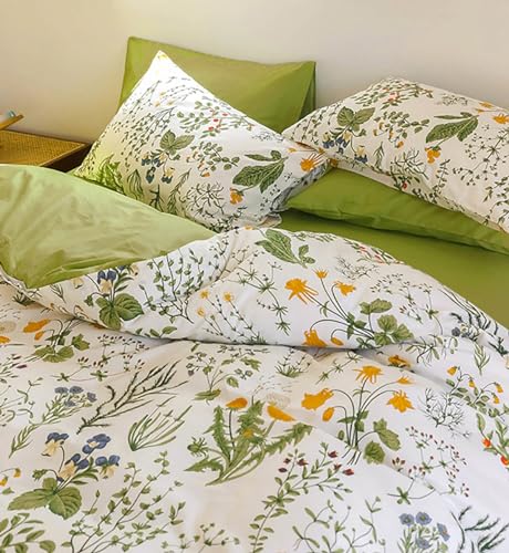 Image of KAREVER Botanical Comforter Set King White and Sage Green Floral Plant Bedding Set Women Reversible Blanket 3 PCs Girls Breathable White Floral Bed Comforter Set