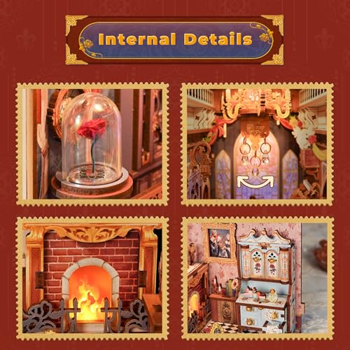 Image of Tonecheer DIY Book Nook Kit for Adults, 3D Wooden Puzzle Music Booknook Miniature Dollhouse, Fairy Tale Bookend Bookshelf Decor with Dust Cover and LED Lights Gifts (Beast‌ and Beauty)