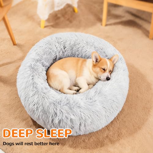 Pmueuff Hundebett Donut für Mittelgroße Haustiere, Flauschig Kuscheliges Katzenbett mit Waschbarem Bezug, Rund Hundekissen Rutschfestem Boden, Hundekorb Langer Plüsch Waschbar in 70cm
