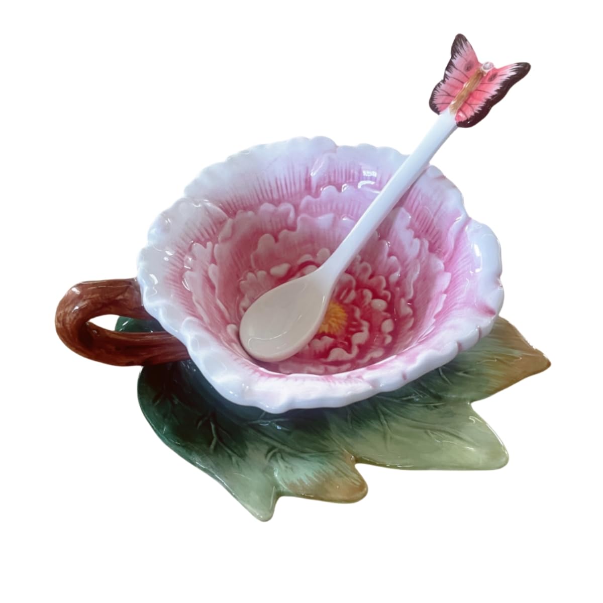 Minigift Ceramic Tea Cup and Saucer Set ，8OZ 3D Hand-painted Peony Flower Coffee Mug，Gift for Women -Pink