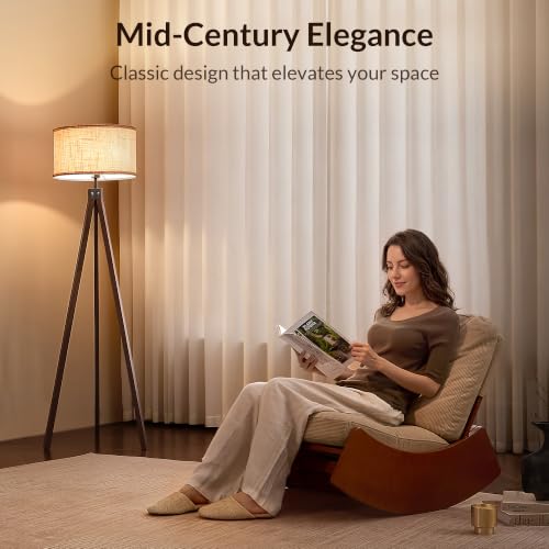 Image of LEPOWER Tripod Floor Lamp Mid Century Modern Standing Lamps for Living Room | Light-Diffusing Linen Shade, Premium Rubberwood Tripod with E26 Base, Adding Warmth to Bedroom, Office & Study Corner Walnut