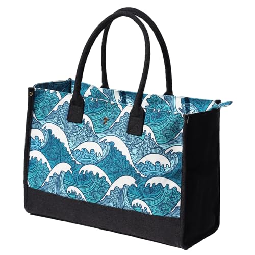 ESVAN Sacola de lona personalizada para presentes de linho, bolsas de mão com fecho de zíper inicial, bolsa utilitária retrô, Onda