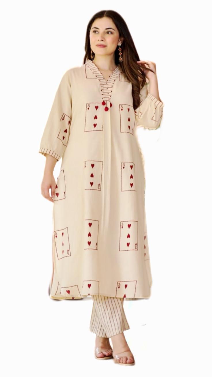 JIKRA JAIPUR Women’s Off White Cotton Kurta and Striped Pant Set with Playing Card Print | 2 Piece Ethnic Outfit with Fun Artisan Design | Size - L