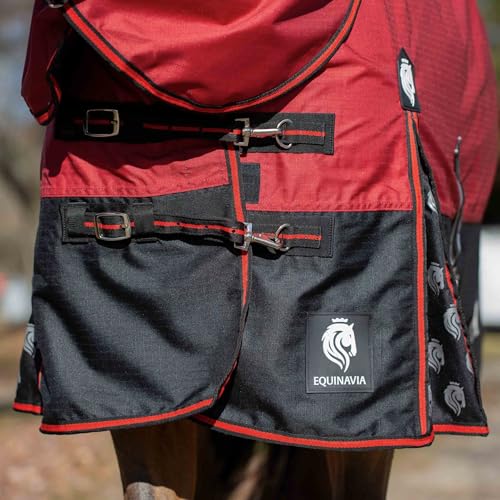 Image of Equinavia Norse Lightweight 100g Fill Horse Rain Blanket | Waterproof Turnout Sheet - Black - 66 in - Equestrian Red - 72 in