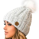 Braxton Knit Hat for Women - Pom Cable Winter Warm Fleece Beanie - Wool Snow Cuff Outdoor Ski Cap