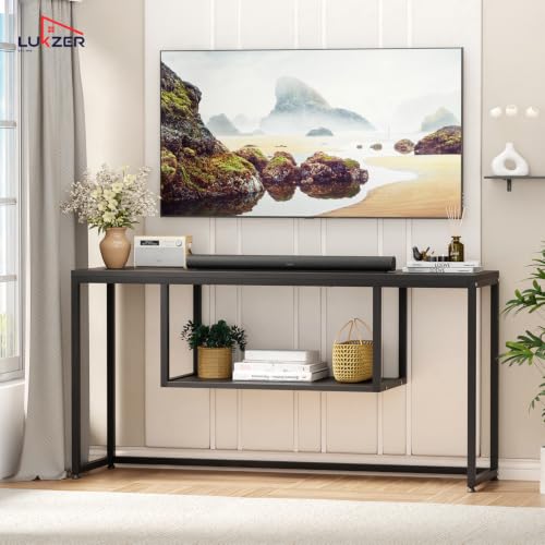 Image of Lukzer TV Unit Stand for TVs up to 43 Inch Engineered Wood with Metal (MTU-002 /Black & Black) Open Shelf Storage Console for Living Room, Set Top Box, WiFi Router, Speakers & Decor (110 x 56 x 30 cm)