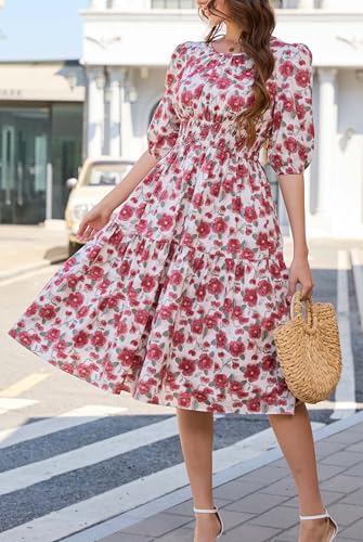 Image of Kormei Women Casual Boho Floral Round Neck 3 /4 Sleeve Smocked Waist Tiered A Line Flowy Swing Midi Dress Long Dresses