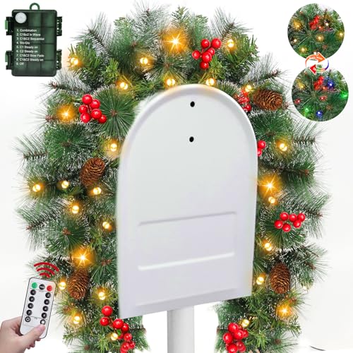 [ Timer & Remote ] 4 Ft Prelit Christmas Mailbox Swag Decorations with 30 Warm White & Colored Change Light Red Berry Pinecone, 8 Modes Battery Operated Snowy Tip Xmas Mailbox Decor for Home Outdoor by TURNMEON - Used condition - US$25.74