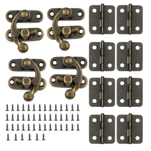 AVUELOI Loquet Crochet Bronze, 4 Pièces, Verrou Vintage Loquet Crochet Fermoirs à Coffre, 8 Pièces charnières petites, pour Boîte en Bois Boîte à Bijoux Garde-Robe, armoire, con 48 vis