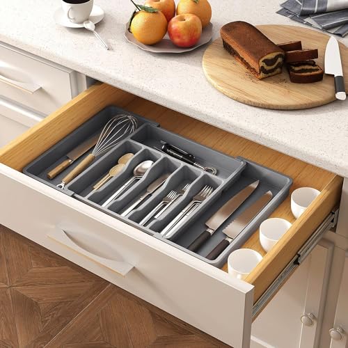 Image of mechdel Drawer Organizer, Expandable BPA Free Utensil Tray for Kitchen, Adjustable Flatware and Cutlery Holder for Spoons Forks Knives, Plastic Kitchen Organizers and Storage (GREY, 8-Slots)