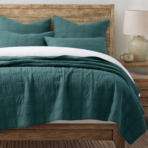 HORIMOTE HOME 100% Cotton Quilt Set King Size, Teal Pre-Washed Bedspreads Coverlet Set in Geometric Pattern, Cozy Lightweight Stitching Decorative Bedding Cover with 2 Shams for All Season