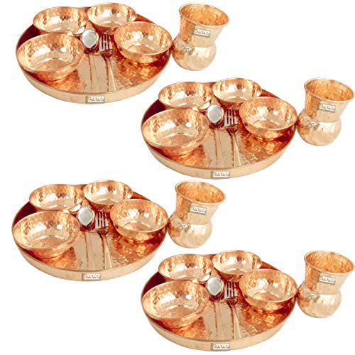 Prisha India Craft Traditional Dinner Set of 4 Dinnerware 100% Pure Copperware Thali Set Diameter 12″ (4 Thali, 4 Spoons,4 Fork, 4 Tumblers, 16 Serving Bowls)