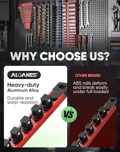 Image of ALOANES Magnetic Socket Organizer Set, 1 /2-Inch Drive Heavy Duty Aluminum Socket Rail Organizer, 360 Swivel Clips Socket Holder Kit for Toolbox Drawer Fit 1 /2-Inch x 12 Clips (Red, 1PC)