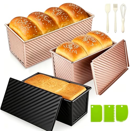 Dipanist 3Pack Pullman Loaf Pans with Lids – 2.2 LB & 1 LB & 1 LB Dough Capacity, Non-Stick Carbon Steel Bread Pans for Homemade Sandwich and Sourdough Bread, Corrugated Toast Mold