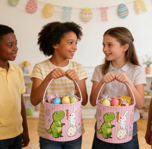 Image of Essme Easter Dinosaur Basket,Kids Easter Basket for Dinosaurs Decor,Dinosaurs Baskets,Gifts for Girls and Boys,Book Bins Empty.(Pink Dinosaur)