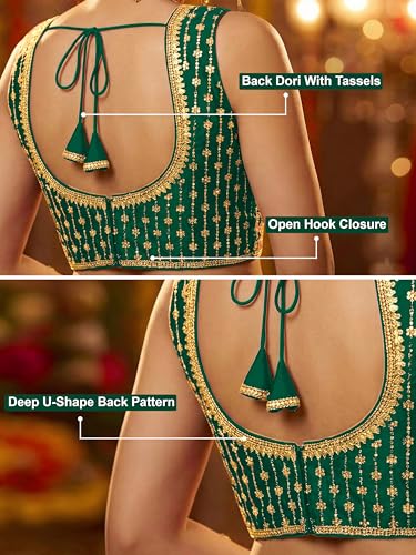 Image of TRENDMALLS Women's Dhupion Silk Embroidery Sequence Work V Neck Sleeveless Blouse Choli Stylish Saree Blouse Ready to Wear