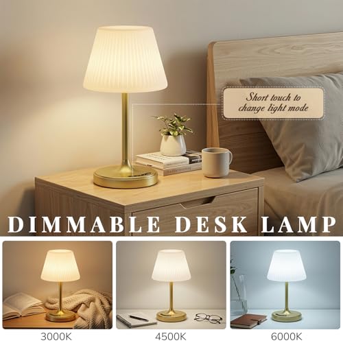 Image of Waterproof Shower Lamp, 4000mAh Cordless Table Lamp, 3-Color Dimmable -Gold | touch dimmable, weighted base, bathroom shower light, patio dinner, RV camping, charge your phones, memory night light