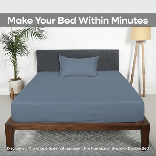 Image of SleepyCat Fitted Bedsheet Set 100% Cotton 200TC Percale Combed Yarn with a Durable Elastic and Corner Stitch Oeko-TEX & AZO Free with 1 Standard Size Pillow Cases (Single Size 72x36) Twilight Blue