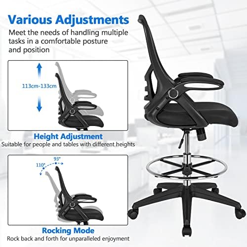 COSTWAY Mesh Drafting Chair, Ergonomic Swivel Office Chair with Adjustable Footrest, Height Adjustable Mid-Back Padded Executive Task Computer Desk Chairs (with Flip-up Armrests, Black)