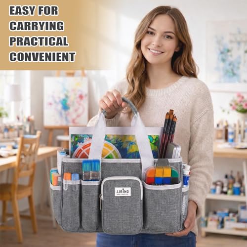 Image of JJRING Craft Organizer Tote Bag, Portable Art Caddy With Adjustable Divider&Secure Zipper Pocket, Large Foldable Storage Tote For Scrapbooking, Sewing, Artist And Home(Grey)