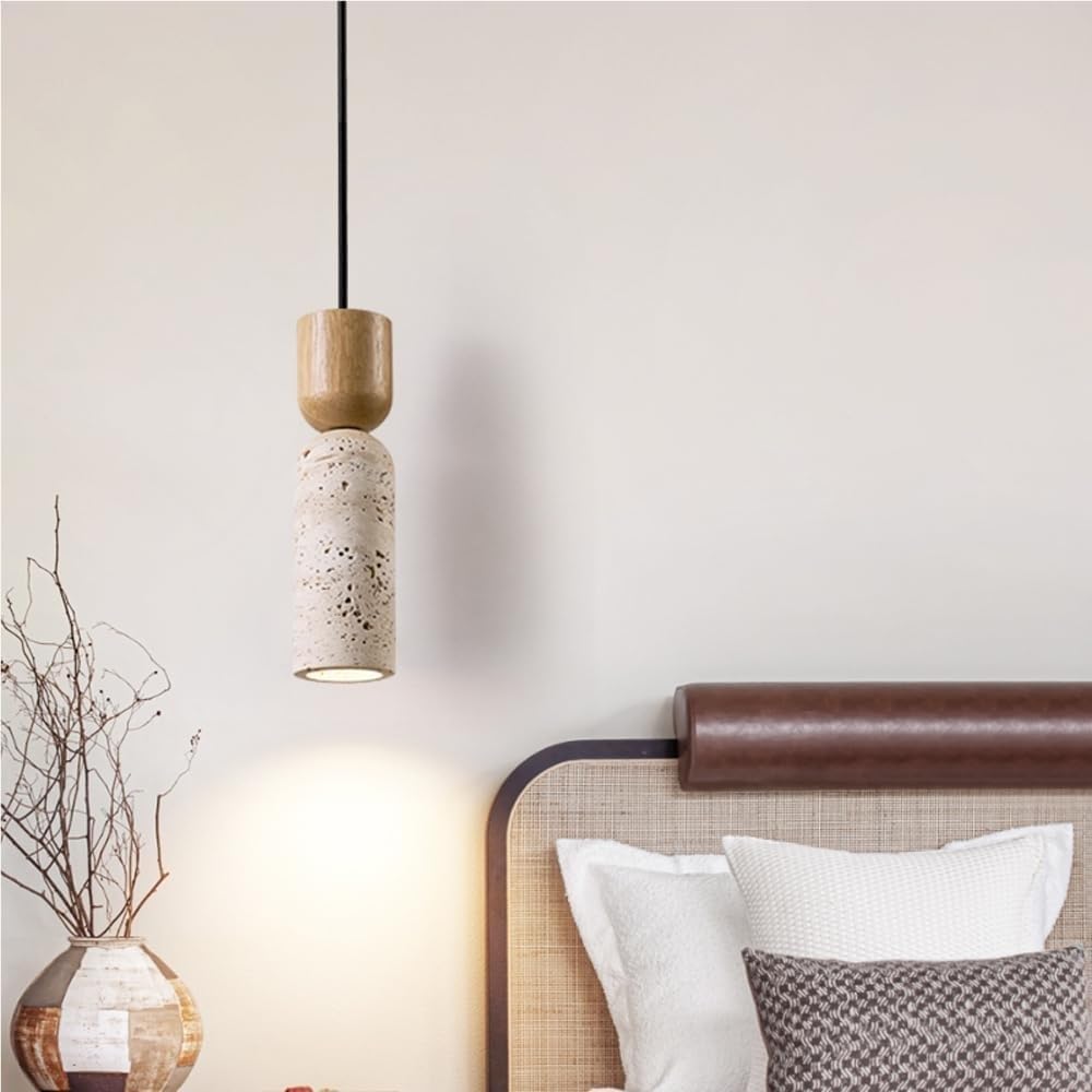Lampada a sospensione vintage a testa singola a moderna a cilindro in travertino Stile giapponese Piccoli apparecchi di illuminazione in legno massello for ingresso camera da letto soggiorno