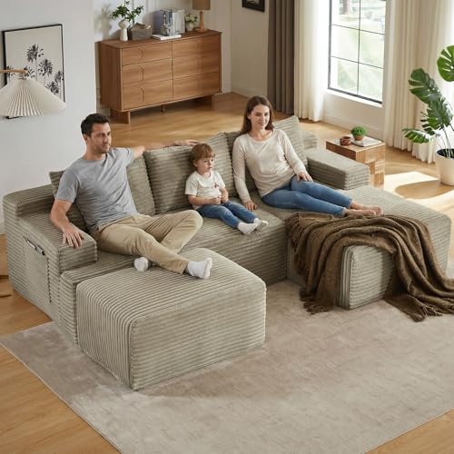 Image of 96 inch U-Shape Cloud Couch, Modern Modular Sectional L-Shape Sofa with Ottoman, Corduroy Upholstered Couches Deep Seat Sleeper Chaise Longue for Living Room, No Assembly Required(Camel, Right Facing)