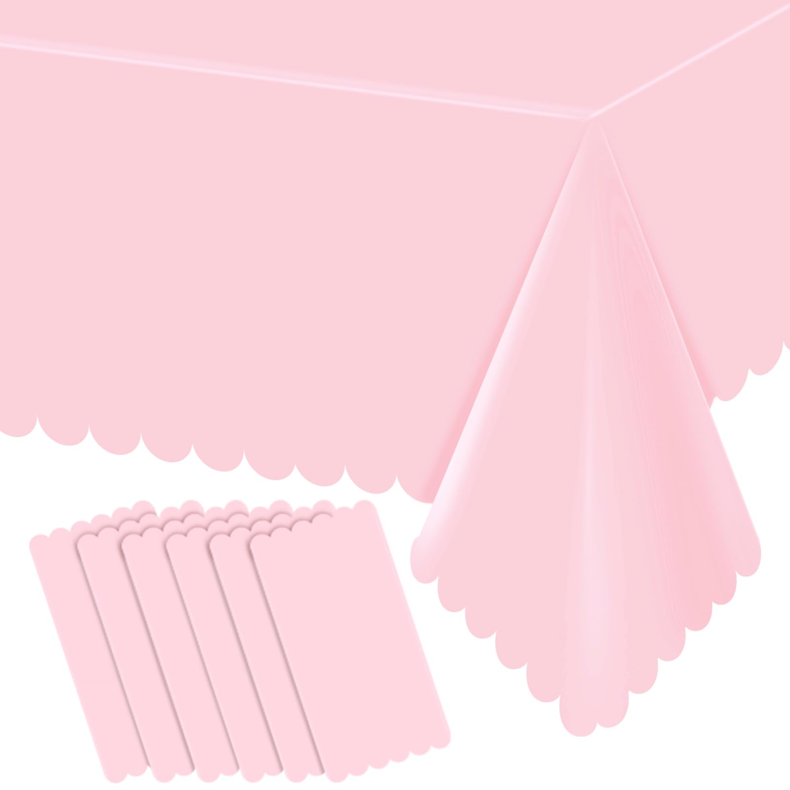 Paquete de 6 manteles de plástico rosa para mesas rectangulares, manteles desechables con borde festoneado, impermeables, para cumpleaños, novia, boda, baby shower, 54 x 108 pulgadas (rosa claro