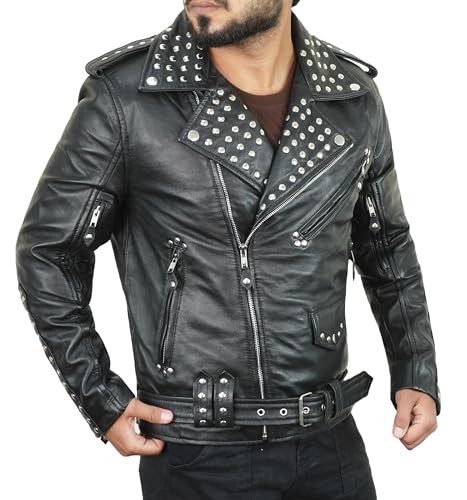 Mens Black Leather Jacket - Asymmetrical Moto Style Real Lambskin Studded Leather Jacket Rock Punk Fashion3