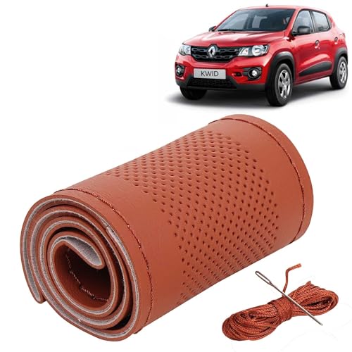 Image of KINGSWAY PU Leatherite Car Steering Cover Sewable Compatible with Renault Kwid (Year 2015-2018), Tan Color with Tan Thread, Pack of 1 with Sewing Needle and Thread