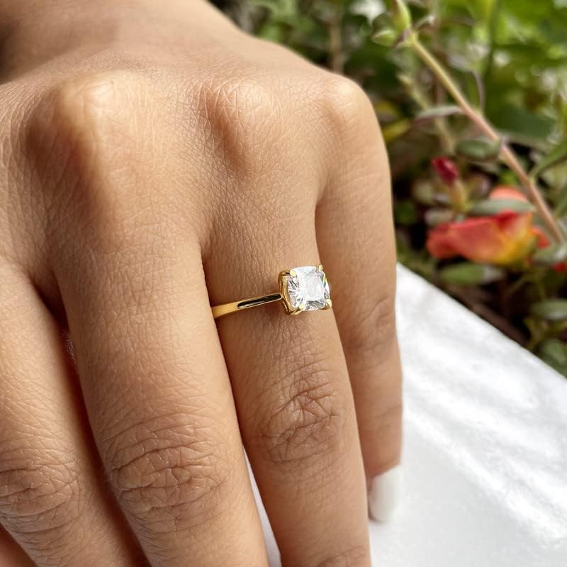 Solitaire Moissanite Ring, 1.25 Ct. Cushion Cut Certified Moissanite Engagement Ring For Women, 14K Gold Plated Silver Moissanite Ring