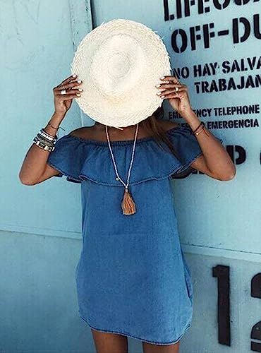 Image of Women's Blue Jean Dress Off Shoulder Ruffle Short Sleeve Loose Denim Mini Dress with Pocket