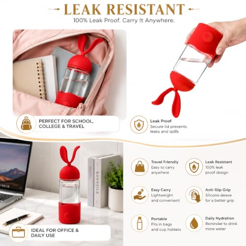 Image of Fieety Water Bottle Glass for Office Women & Men, Glass Bottle for Fridge, Leak-Resistant Glass Sipper Bottle, Reusable Bottle for Home, Gym & Travel (Rabbit Ear)