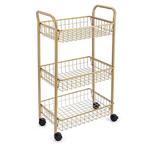 MNOPQ 3 Tier Mesh Rolling Utility Cart Gold Metal Organization Cart with Lockable Wheels Multifunctional Storage Trolley Service Cart for Kitchen Living Room Office Salon