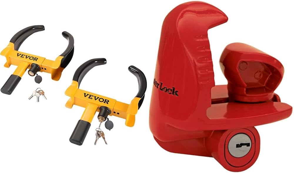VEVOR Wheel Lock 2 Packs + Master Lock Universal Trailer Coupler Lock Fits 1-7/8", 2", and 2-5/16" Couplers - Heavy-Duty Steel Tire Lock for Trailers, Vans, SUVs, Cars