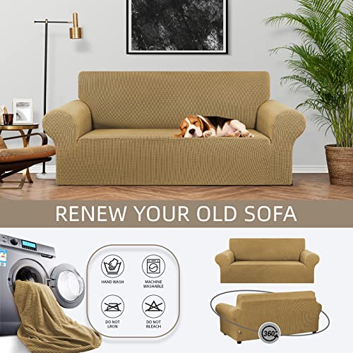 KEKUOU Stretch Loveseat Sofa Cover Slipcover,Couch Covers for 2 Cushion Couch Sofa (55"-78") Furniture Protector Sofa with Elastic Bottom for Kids,Dog. Jacquard Small Checked (Medium,Tan)