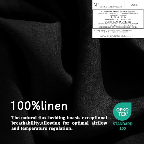 EVERLY Linen Sheets Set King Size,100% French Stonewash Pure Linen Bed Sheets,4Pieces (1Flat Sheet,1Fitted Sheet,2Pillowcase) Suitable for Hot Sleepers,Deep Pocket Natural Bedding Set-Black