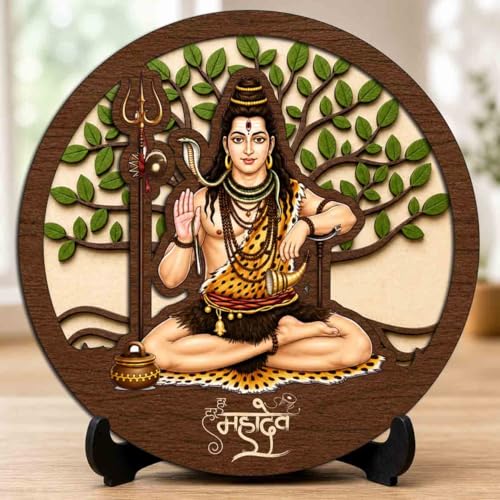 Image of Shiv Ji Wooden Idol with Stand for Home Temple, Puja Room, Office Desk & Indoor Mandir Decor - 5x5 Inch