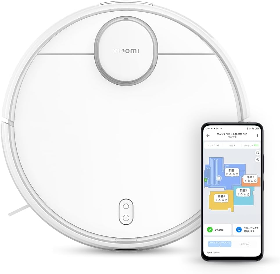Xiaomi Robot Vacuum S10 with a smartphone displaying its mapping interface