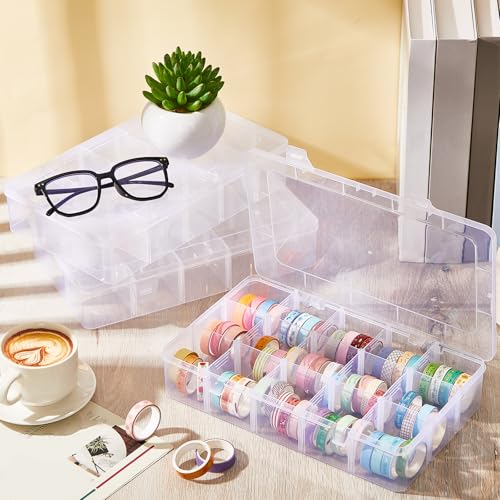 Image of Leinuosen 2 Pack Clear Washi Tape Organizer Storage 15 Grids Plastic Organizer Box Adjustable Dividers for Jewelry, Washi Tapes, Art DIY Crafts, Beads and Small Parts