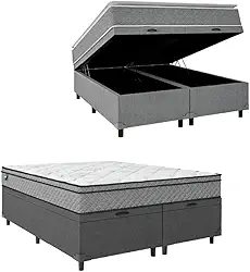 Cama Box Baú Casal Queen Colchão Molas Ensacadas Mirage 158x198x65cm Cinza/branco Umaflex - Suporta até 120kg por Pessoa