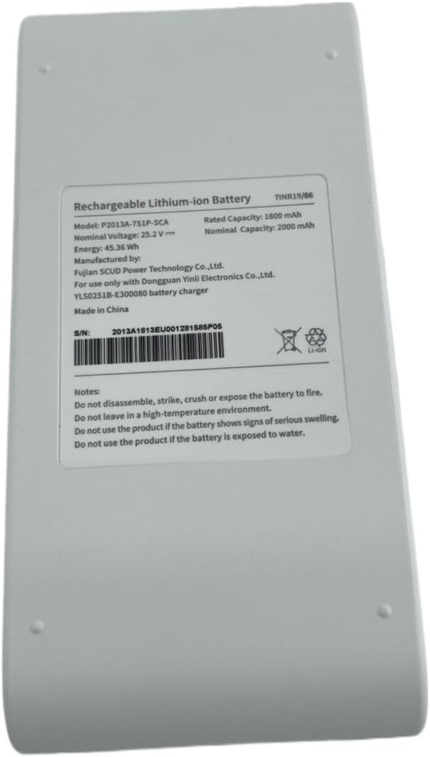 Label for a Rechargeable Lithium-ion Battery, Model P2013A-7S1P-SCA, with specifications: Rated Capacity 1800 mAh, Nominal Capacity 2000 mAh, Nominal Voltage 25.2 V, Energy 45.36 Wh.