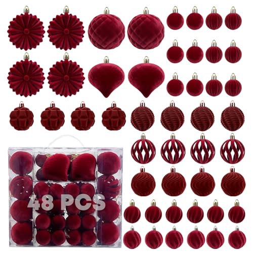 48Pcs Velvet Christmas Baubles Balls Ornaments Set Flocked Christmas Tree Hanging Decorations Shatterproof Burgundy Large & Small Bauble for Xmas Party Holiday Decor (Red)