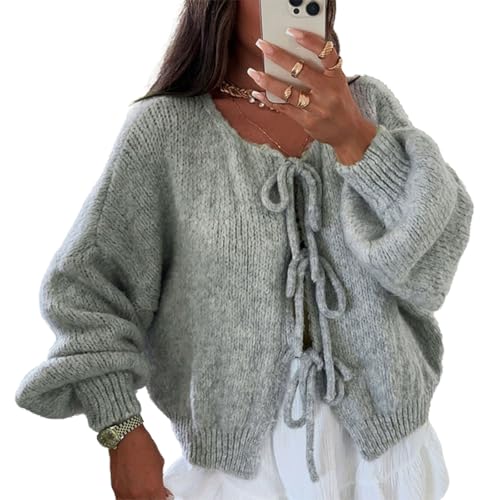 Image of Women Knitted Tie Front Cardigan Tops Casual Knitwear Top Long Sleeve Open Front Baggy Sweater Y2k Girls Outwear