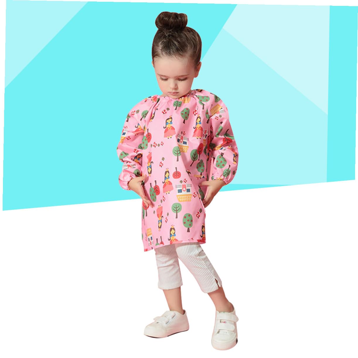 Tablier de Peinture Imperméable pour Garçon et Filles Manches Longues Motif Cartoon Rose Taille S Polyester Antitache et Respirant Vêtement de Protection pour Activités