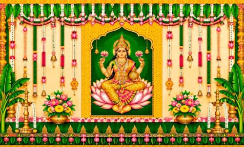 Image of varlaxmi puja Decoration Cloth | Goddess Lakshmi On Divine Lotus Varalakshmi Vratam Festive Pooja Backdrop 5x8 Feet | Lakshmi puja Backdrop