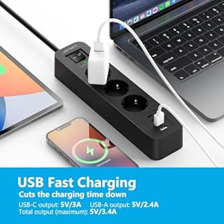 JSVER Parafoudre et Surtension,Multiprise USB 4M avec 3 Sortie AC et 4 Ports USB(2 Typ C), Adaptateur Secteur 3680W avec Interrupteur, Mult Prise pour Bureau et Maison-Noir
