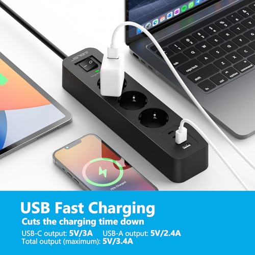 JSVER Mehrfachsteckdose mit USB C, Steckdosenleiste Überspannungsschutz mit 4 USB, Mehrfachstecker Steckdosenturm mit Schalter, Verlängerungskabel 2M für Zuhause-Schwarz 3