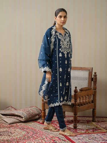 Kurta de qualité supérieure Kaari Ensemble bleu sarcelle brodé en polyester pour femme en taille L - 6
